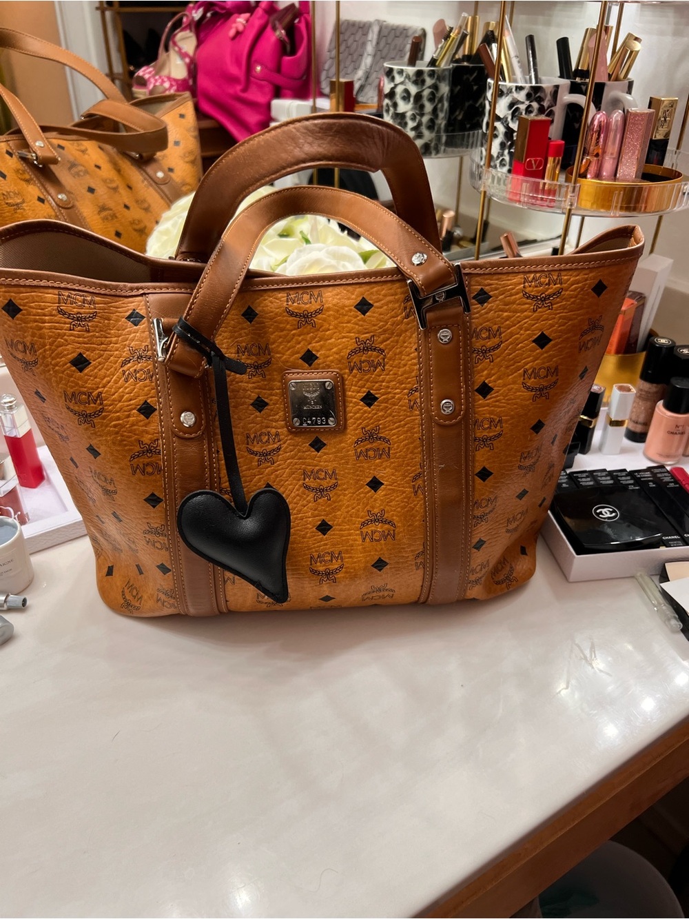 MCM Cognac Visetos Monogram Tote with Black Heart Charm